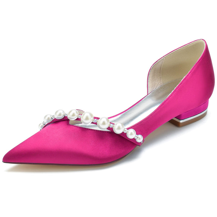 Chaussures de Mariage pour Femmes en Perles Blanches, Talons Bas, Bout Pointu, Chaussures de Mariée Minimalistes