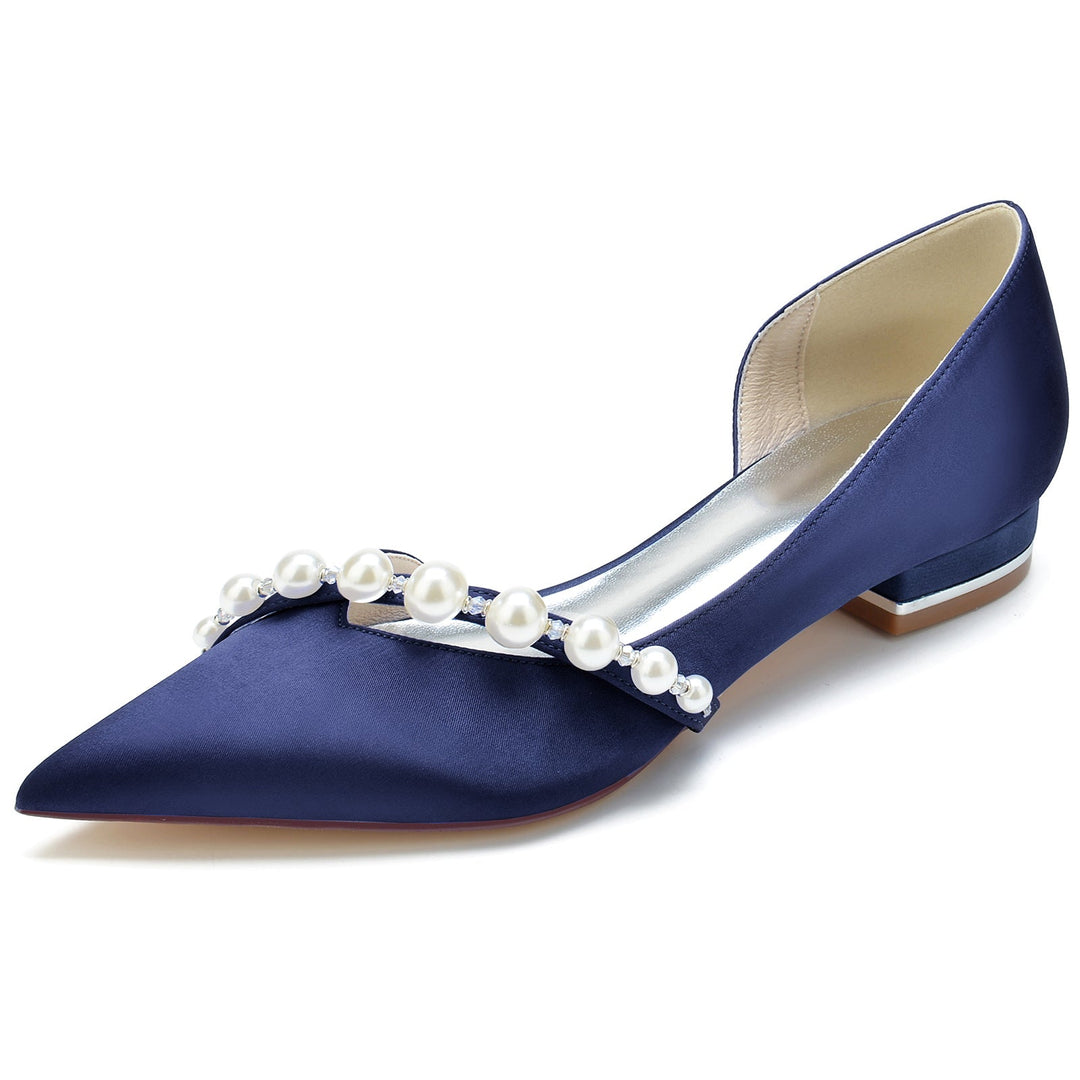 Chaussures de Mariage pour Femmes en Perles Blanches, Talons Bas, Bout Pointu, Chaussures de Mariée Minimalistes