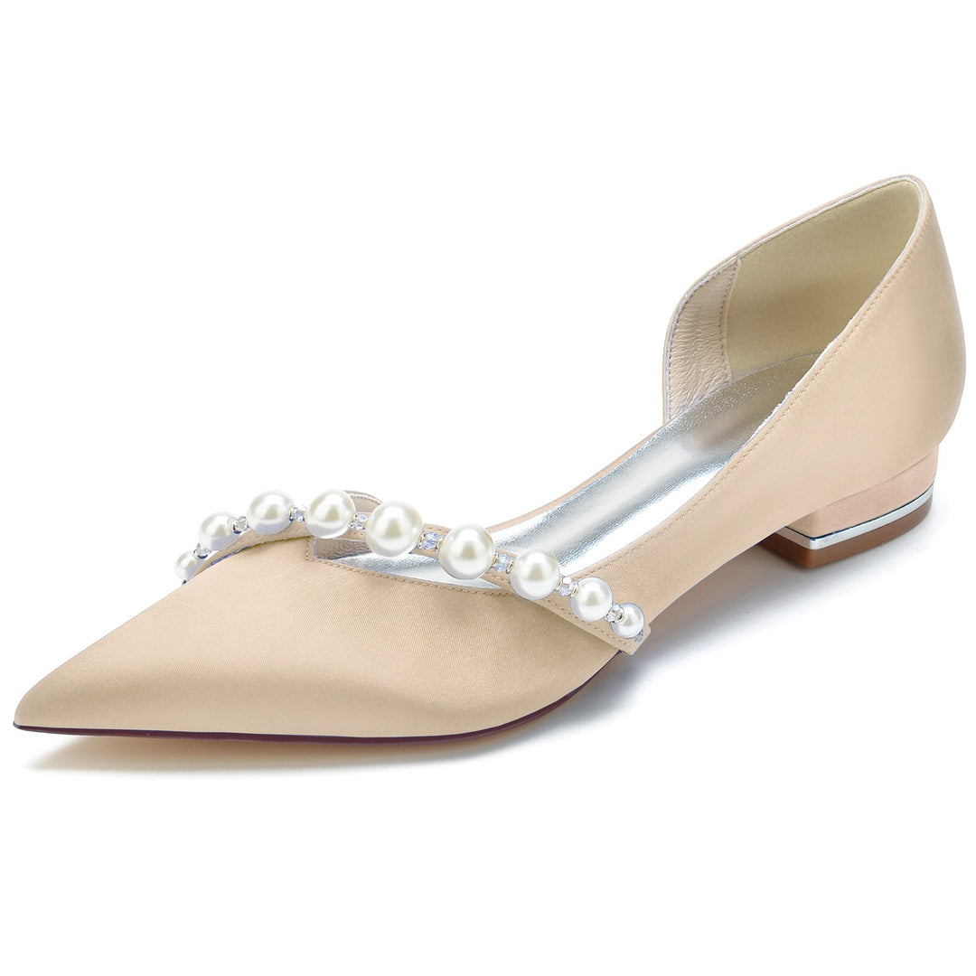 Chaussures de Mariage pour Femmes en Perles Blanches, Talons Bas, Bout Pointu, Chaussures de Mariée Minimalistes