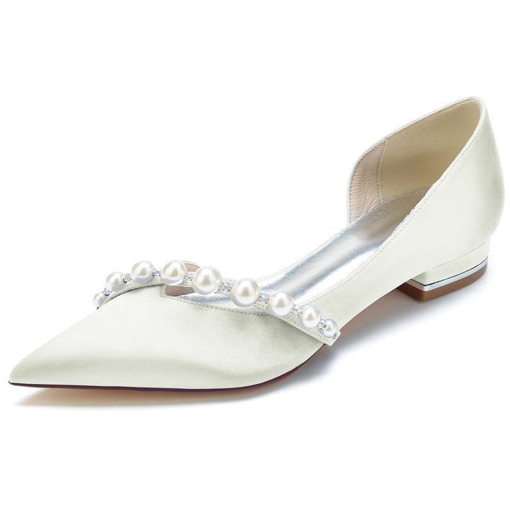 Chaussures de Mariage pour Femmes en Perles Blanches, Talons Bas, Bout Pointu, Chaussures de Mariée Minimalistes