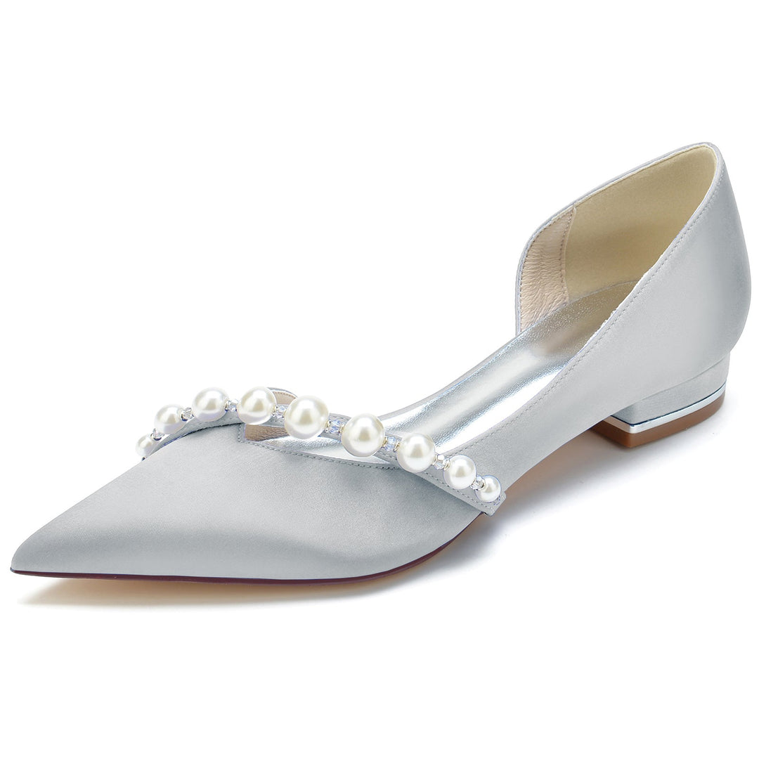 Chaussures de Mariage pour Femmes en Perles Blanches, Talons Bas, Bout Pointu, Chaussures de Mariée Minimalistes
