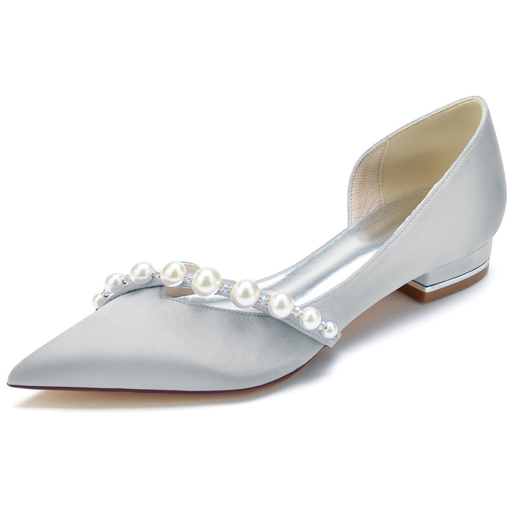 Chaussures de Mariage pour Femmes en Perles Blanches, Talons Bas, Bout Pointu, Chaussures de Mariée Minimalistes