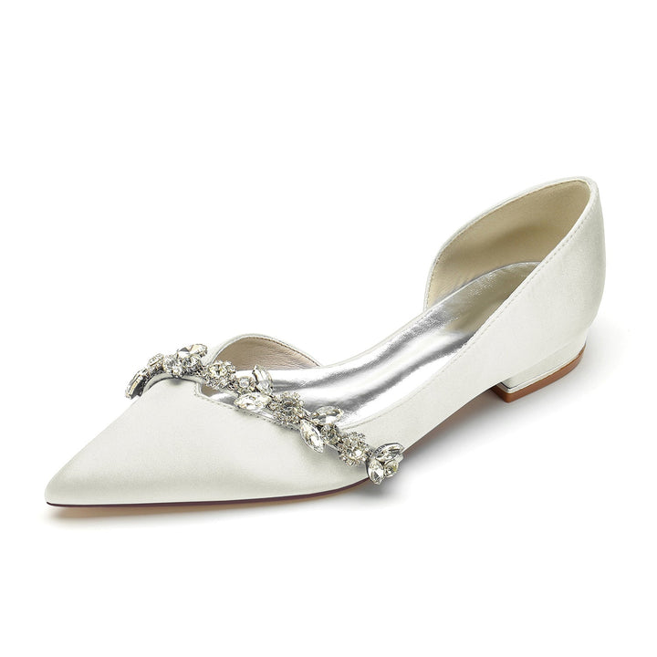 Chaussures de Mariage pour Femmes, Chaussures de Mariée Minimalistes à Talons Bas et Bout Pointu avec Strass