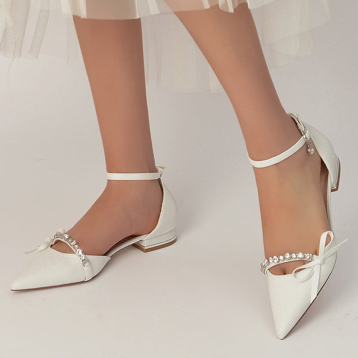 Chaussures de Mariage pour Femmes avec Nœud en Cristal et Paillettes, Bout Pointu, Boucle Basse, Chaussures de Mariée