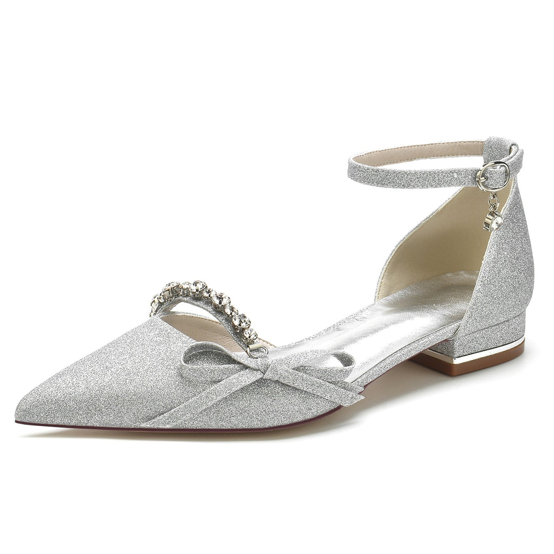 Chaussures de Mariage pour Femmes avec Nœud en Cristal et Paillettes, Bout Pointu, Boucle Basse, Chaussures de Mariée