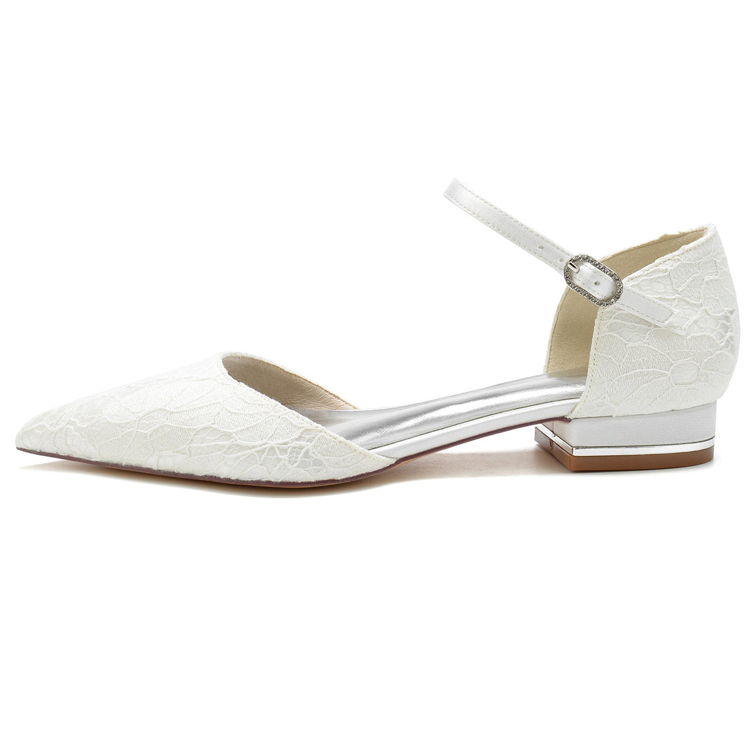Chaussures de Mariage pour Femmes en Satin de Soie et Dentelle à Bout Fermé avec Boucle en Cristal
