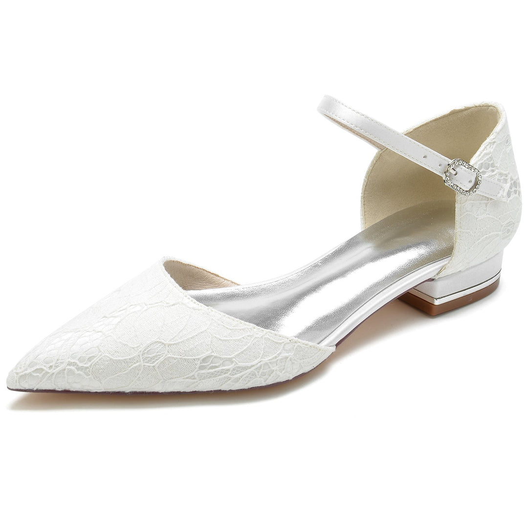 Chaussures de Mariage pour Femmes en Satin de Soie et Dentelle à Bout Fermé avec Boucle en Cristal