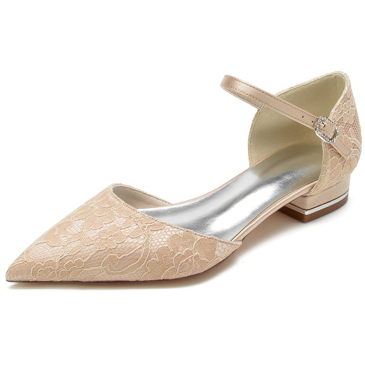 Chaussures de Mariage pour Femmes en Satin de Soie et Dentelle à Bout Fermé avec Boucle en Cristal