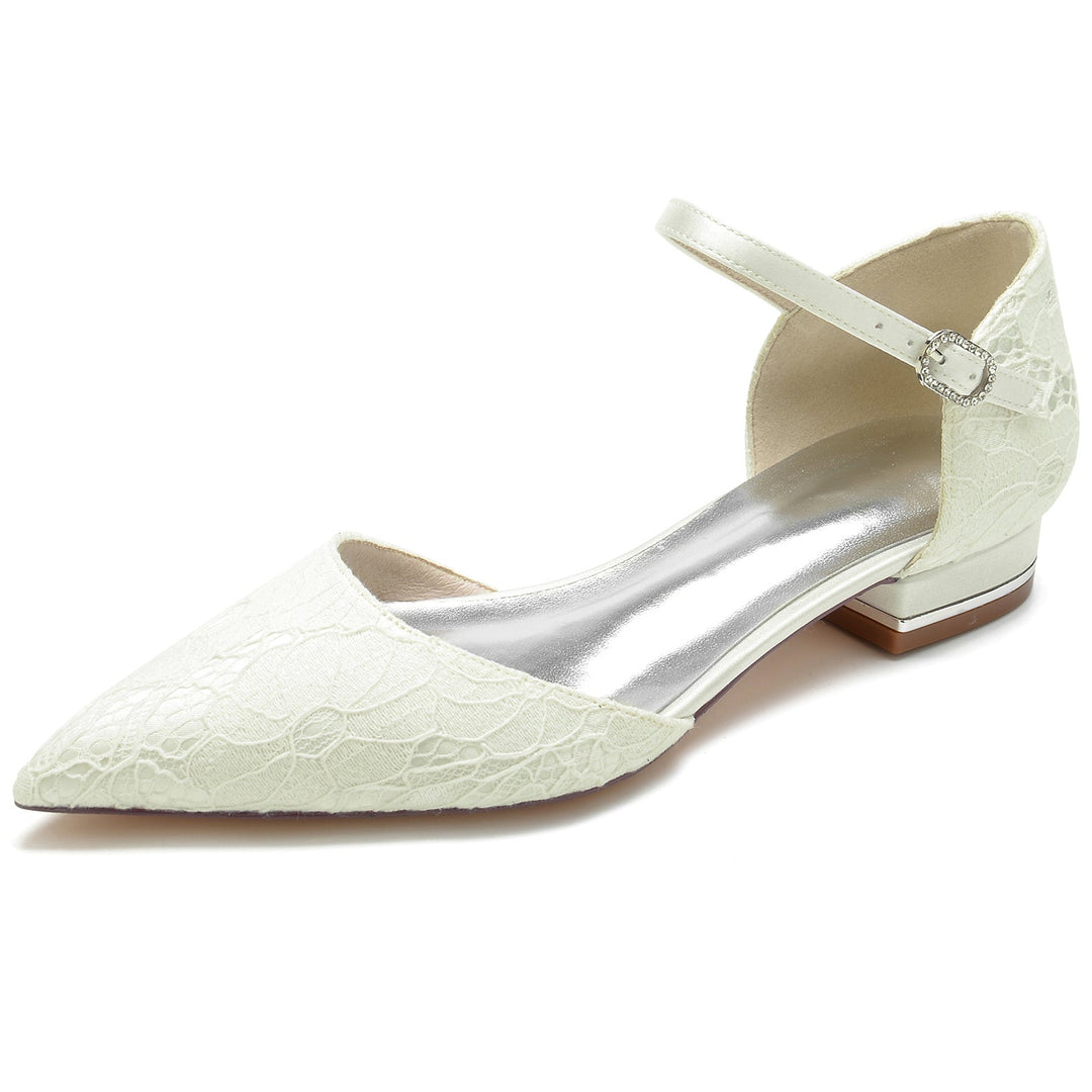 Chaussures de Mariage pour Femmes en Satin de Soie et Dentelle à Bout Fermé avec Boucle en Cristal