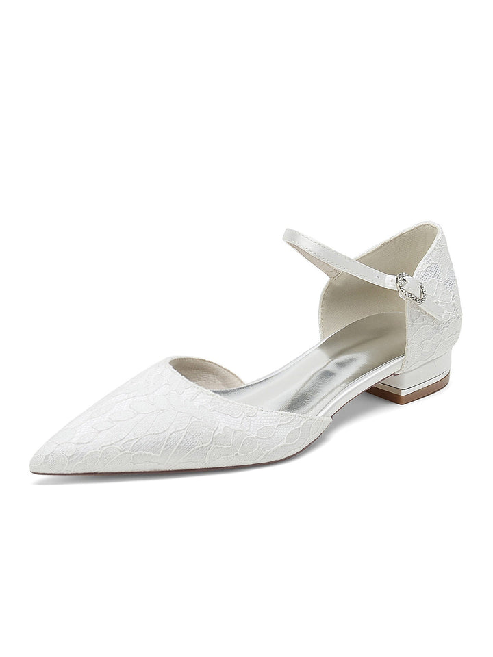 Chaussures de Mariage pour Femmes en Dentelle à Talon Bas et Bout Pointu pour Demoiselle D'Honneur