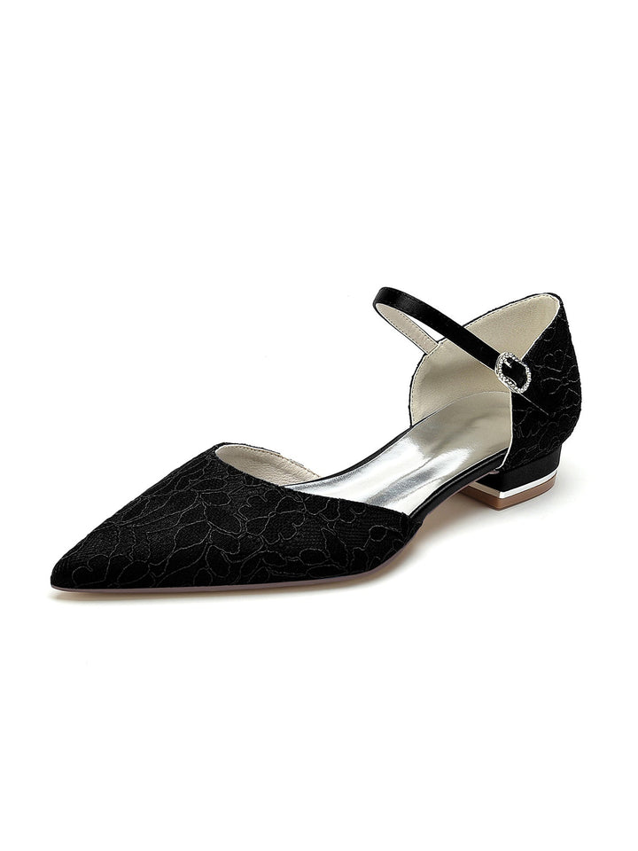 Chaussures de Mariage pour Femmes en Dentelle à Talon Bas et Bout Pointu pour Demoiselle D'Honneur