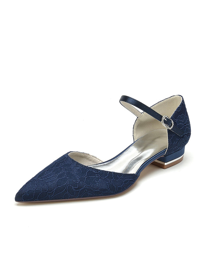Chaussures de Mariage pour Femmes en Dentelle à Talon Bas et Bout Pointu pour Demoiselle D'Honneur
