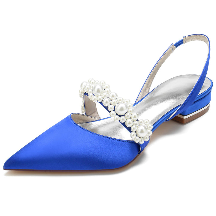 Chaussures de Mariage pour Femmes en Satin de Soie Blanc Perle Chaussures de Mariée à Bout Pointu et Boucle