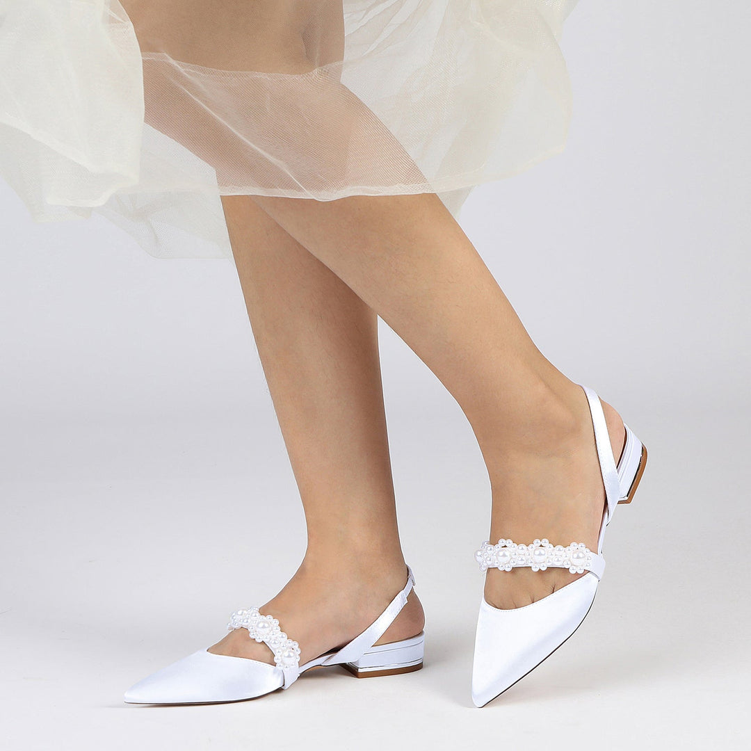 Chaussures de Mariage pour Femmes en Satin de Soie Blanc Perle Chaussures de Mariée à Bout Pointu et Boucle