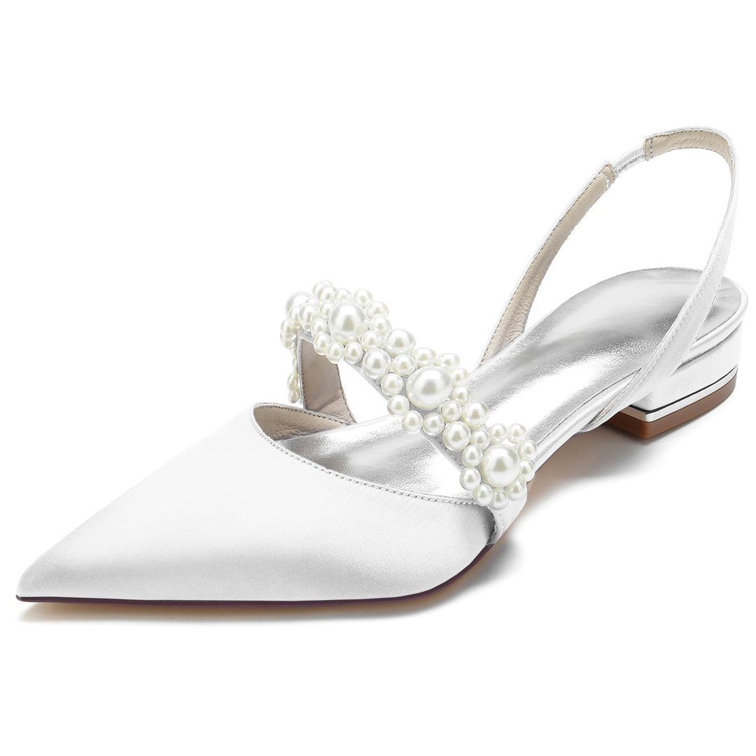 Chaussures de Mariage pour Femmes en Satin de Soie Blanc Perle Chaussures de Mariée à Bout Pointu et Boucle