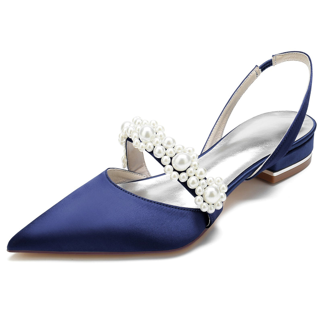 Chaussures de Mariage pour Femmes en Satin de Soie Blanc Perle Chaussures de Mariée à Bout Pointu et Boucle