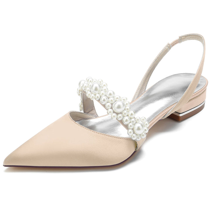 Chaussures de Mariage pour Femmes en Satin de Soie Blanc Perle Chaussures de Mariée à Bout Pointu et Boucle