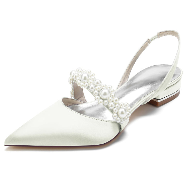 Chaussures de Mariage pour Femmes en Satin de Soie Blanc Perle Chaussures de Mariée à Bout Pointu et Boucle