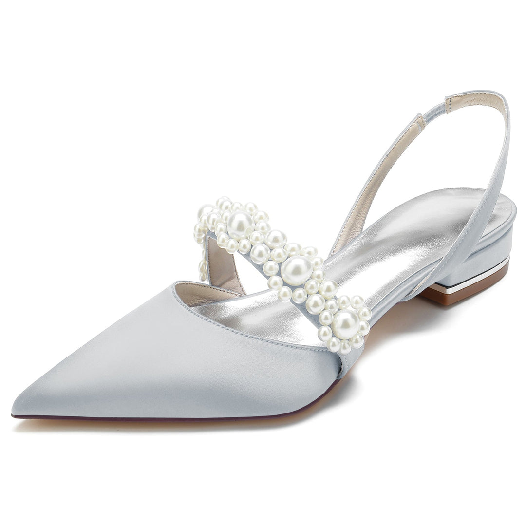 Chaussures de Mariage pour Femmes en Satin de Soie Blanc Perle Chaussures de Mariée à Bout Pointu et Boucle