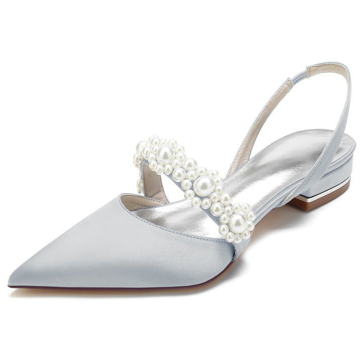 Chaussures de Mariage pour Femmes en Satin de Soie Blanc Perle Chaussures de Mariée à Bout Pointu et Boucle