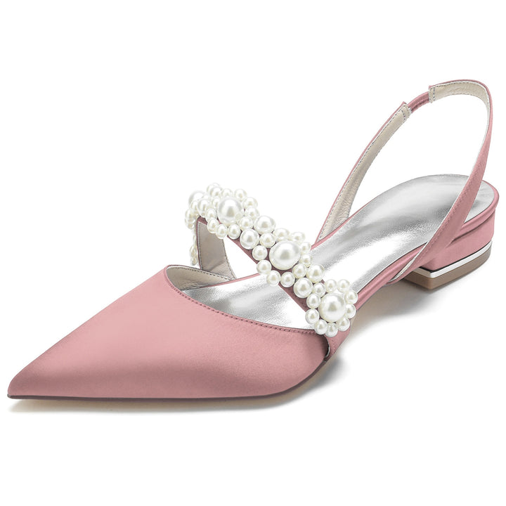 Chaussures de Mariage pour Femmes en Satin de Soie Blanc Perle Chaussures de Mariée à Bout Pointu et Boucle