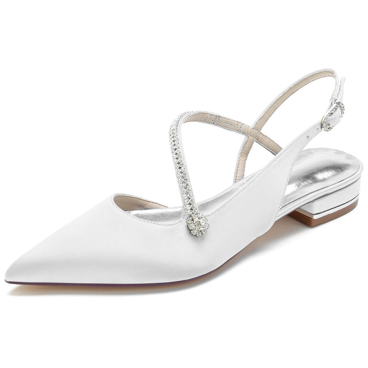 Chaussures de Mariage pour Femmes en Satin Cristal Talon Bas Bout Fermé Boucle Chaussures de Mariée