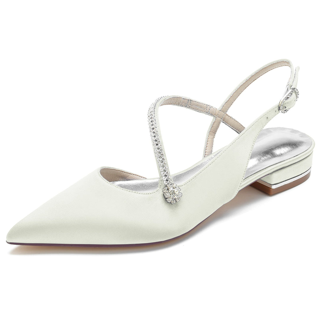 Chaussures de Mariage pour Femmes en Satin Cristal Talon Bas Bout Fermé Boucle Chaussures de Mariée