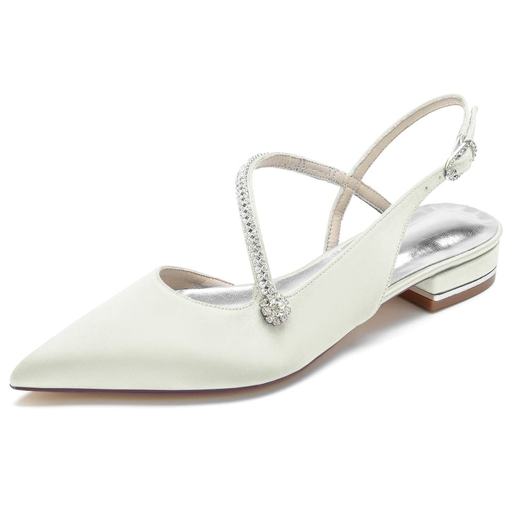 Chaussures de Mariage pour Femmes en Satin Cristal Talon Bas Bout Fermé Boucle Chaussures de Mariée