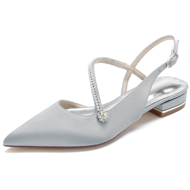 Chaussures de Mariage pour Femmes en Satin Cristal Talon Bas Bout Fermé Boucle Chaussures de Mariée