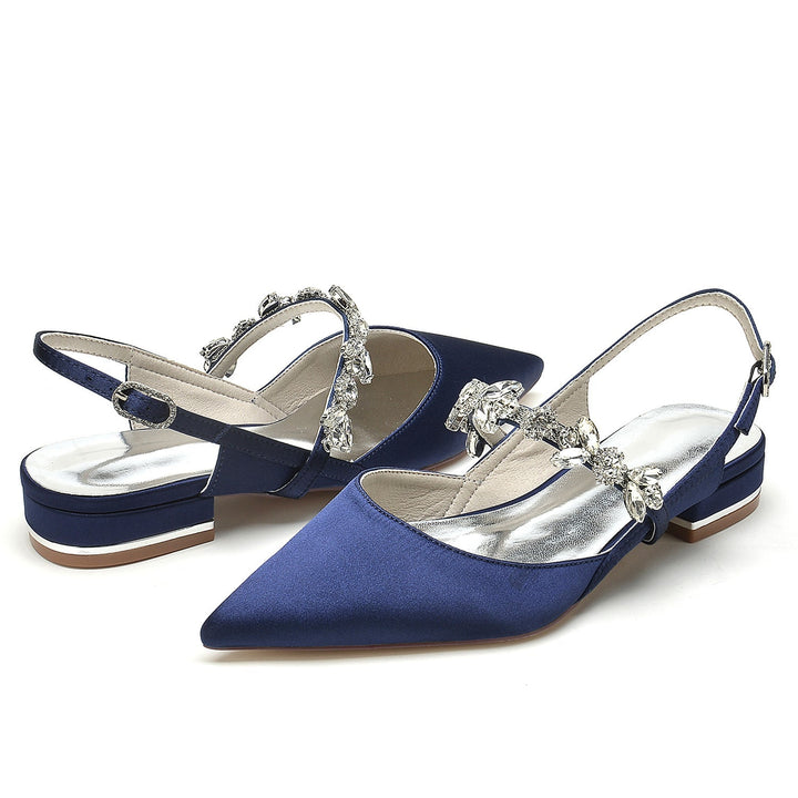 Chaussures de Mariage pour Femmes en Satin de Soie Strass Bout Pointu Bas Boucle Chaussures de Mariée
