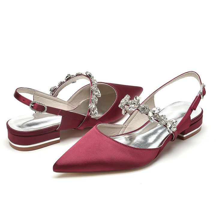 Chaussures de Mariage pour Femmes en Satin de Soie Strass Bout Pointu Bas Boucle Chaussures de Mariée
