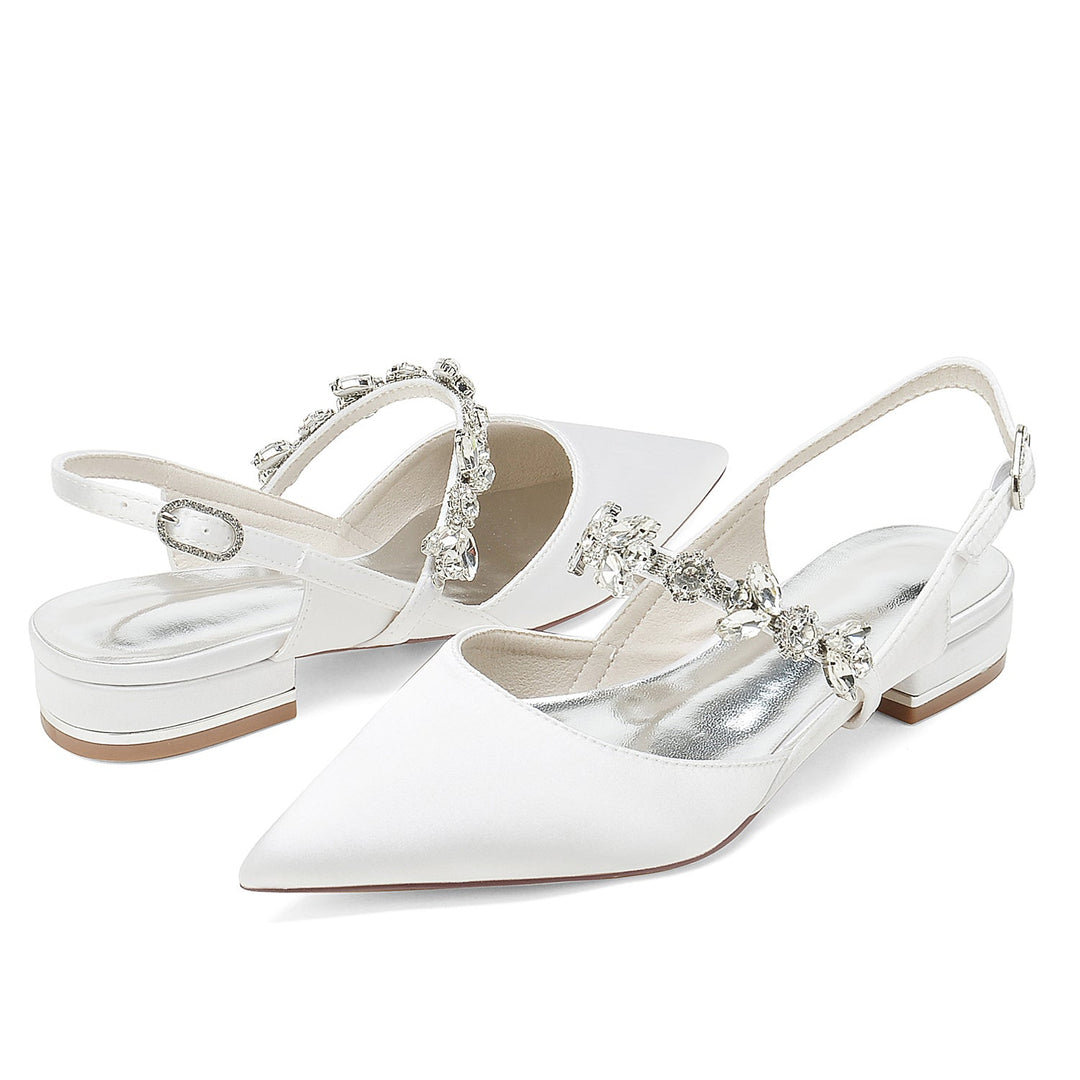 Chaussures de Mariage pour Femmes en Satin de Soie Strass Bout Pointu Bas Boucle Chaussures de Mariée