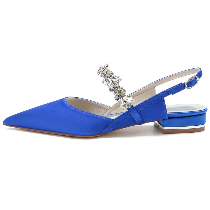 Chaussures de Mariage pour Femmes en Satin de Soie Strass Bout Pointu Bas Boucle Chaussures de Mariée