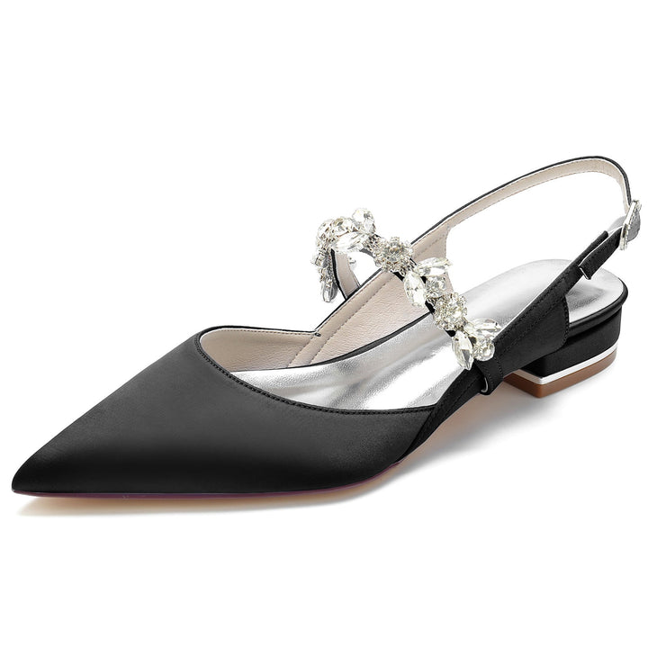 Chaussures de Mariage pour Femmes en Satin de Soie Strass Bout Pointu Bas Boucle Chaussures de Mariée