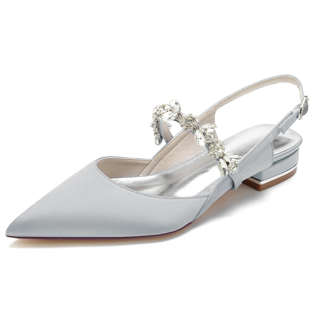 Chaussures de Mariage pour Femmes en Satin de Soie Strass Bout Pointu Bas Boucle Chaussures de Mariée