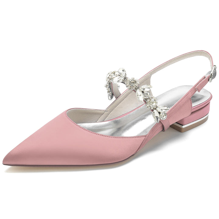 Chaussures de Mariage pour Femmes en Satin de Soie Strass Bout Pointu Bas Boucle Chaussures de Mariée