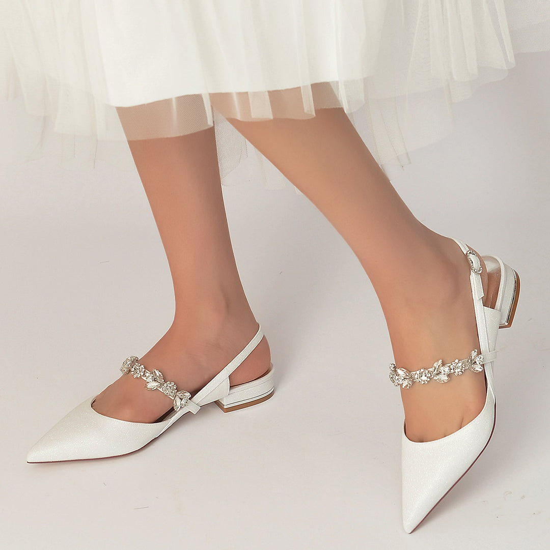 Chaussures de Mariage pour Femmes, Chaussures de Mariée à Bout Pointu et à Boucle Basse avec Strass et Paillettes