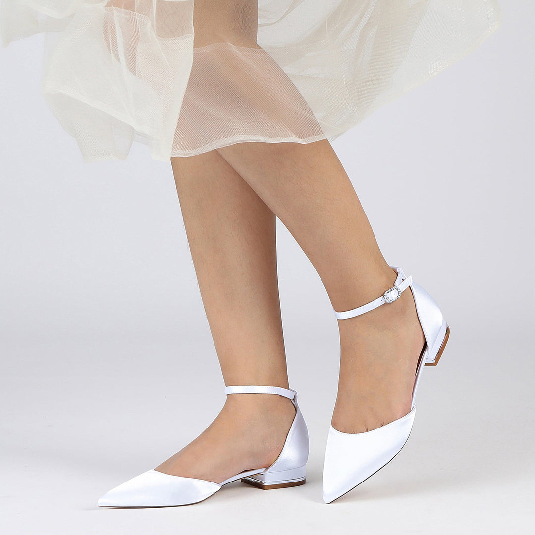 Chaussures de Mariage pour Femmes à Bout Pointu et Talon Bas avec Boucle en Cristal Chaussures de Mariée Minimalistes
