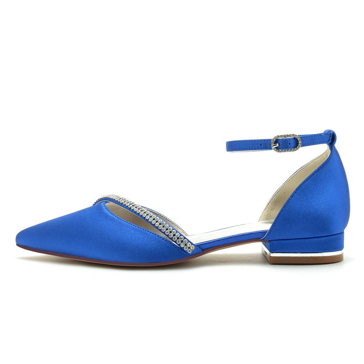 Chaussures de Mariage pour Femmes en Satin de Soie Bleu Royal avec Strass et Bout Pointu et Boucle Basse