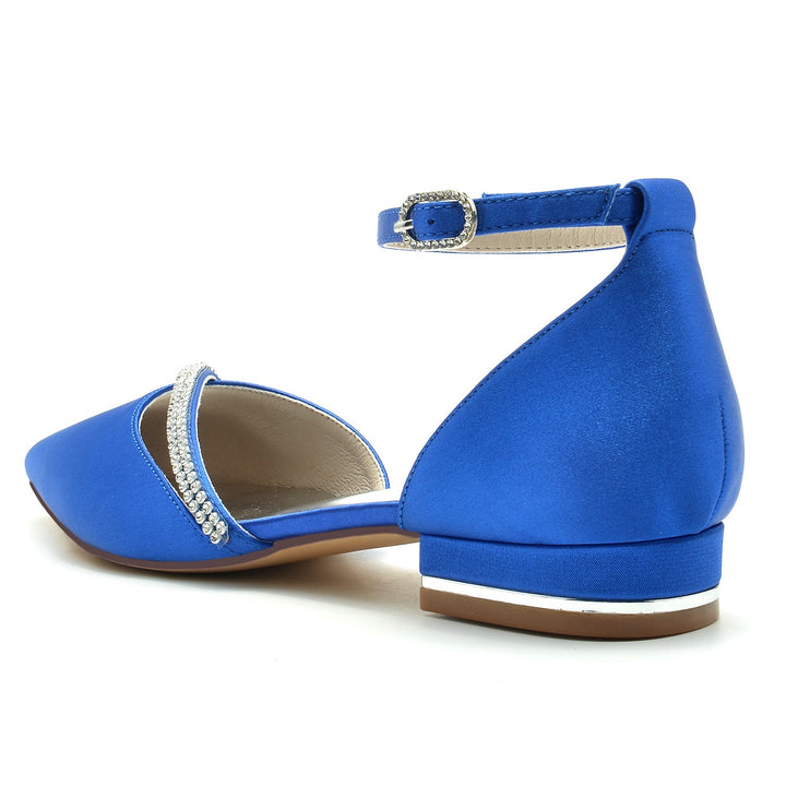 Chaussures de Mariage pour Femmes en Satin de Soie Bleu Royal avec Strass et Bout Pointu et Boucle Basse