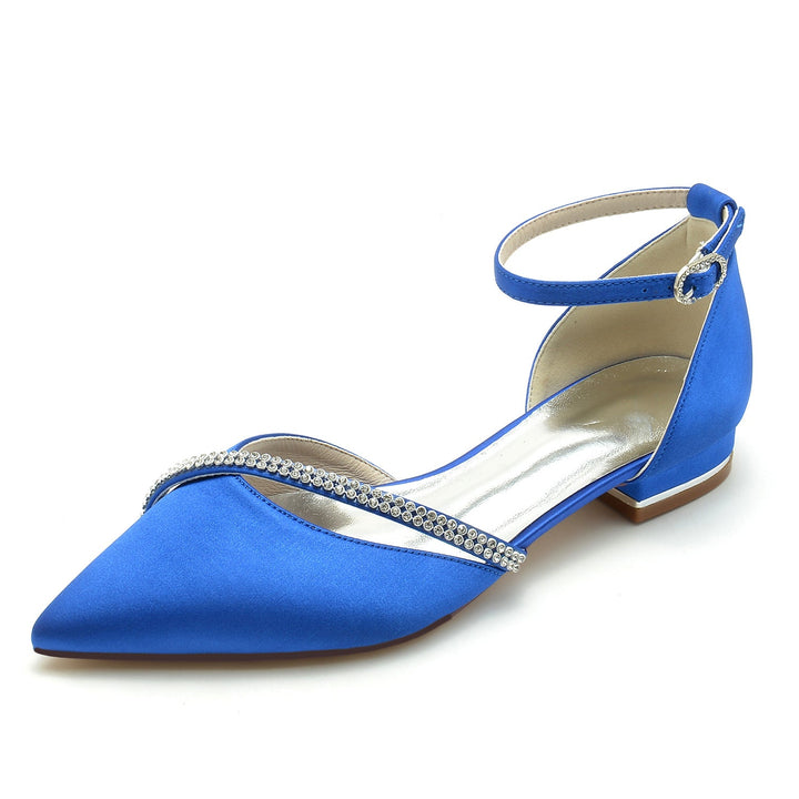 Chaussures de Mariage pour Femmes en Satin de Soie Bleu Royal avec Strass et Bout Pointu et Boucle Basse