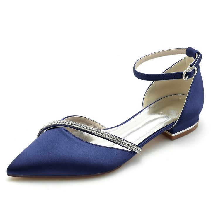 Chaussures de Mariage pour Femmes en Satin de Soie Bleu Royal avec Strass et Bout Pointu et Boucle Basse