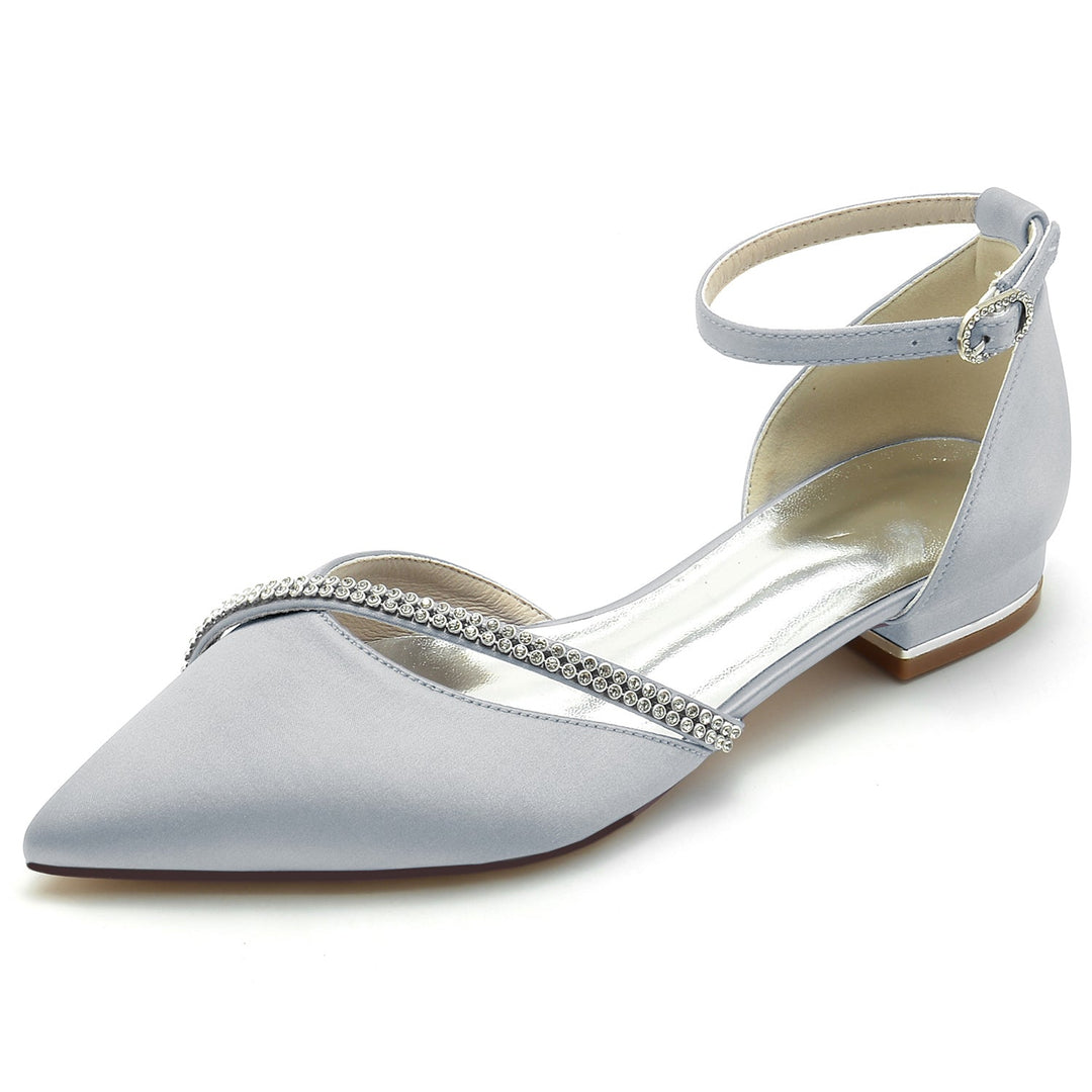 Chaussures de Mariage pour Femmes en Satin de Soie Bleu Royal avec Strass et Bout Pointu et Boucle Basse
