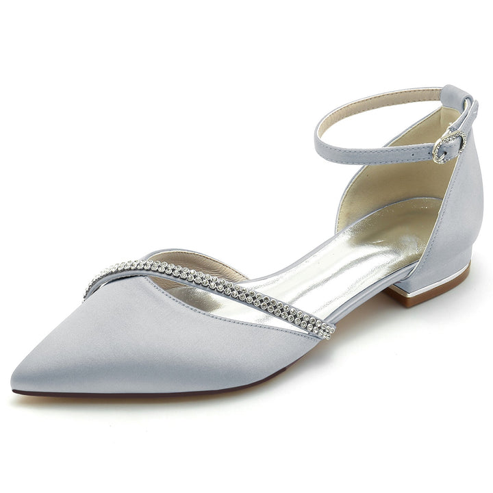 Chaussures de Mariage pour Femmes en Satin de Soie Bleu Royal avec Strass et Bout Pointu et Boucle Basse