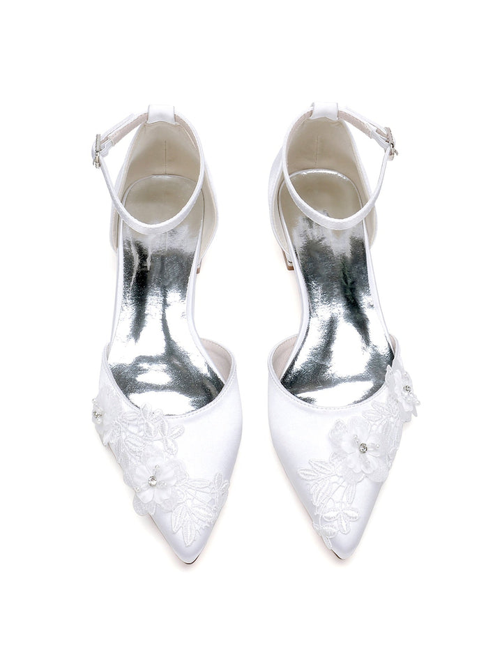 Chaussures de Mariage pour Femmes en Dentelle à Talon Plat et Bout Pointu pour Demoiselle D'Honneur