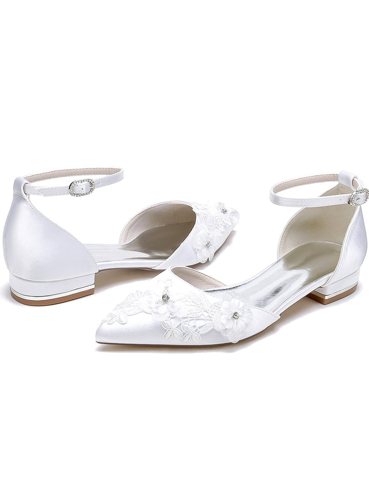 Chaussures de Mariage pour Femmes en Dentelle à Talon Plat et Bout Pointu pour Demoiselle D'Honneur
