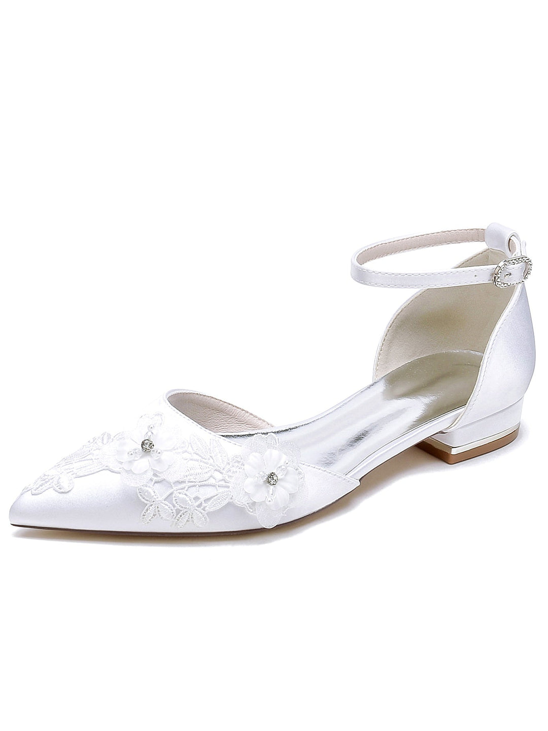 Chaussures de Mariage pour Femmes en Dentelle à Talon Plat et Bout Pointu pour Demoiselle D'Honneur