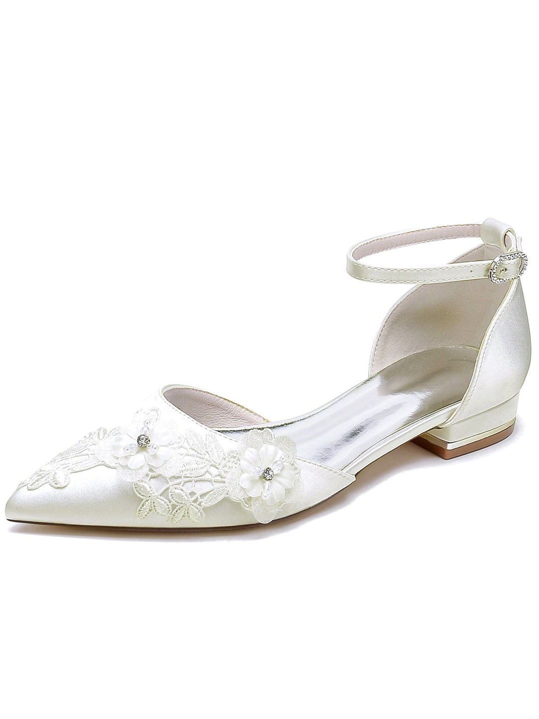 Chaussures de Mariage pour Femmes en Dentelle à Talon Plat et Bout Pointu pour Demoiselle D'Honneur