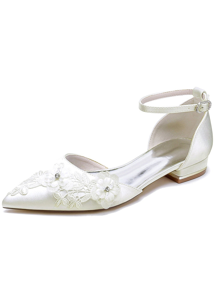 Chaussures de Mariage pour Femmes en Dentelle à Talon Plat et Bout Pointu pour Demoiselle D'Honneur