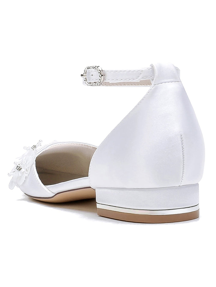 Chaussures de Mariage pour Femmes en Dentelle à Talon Plat et Bout Pointu pour Demoiselle D'Honneur